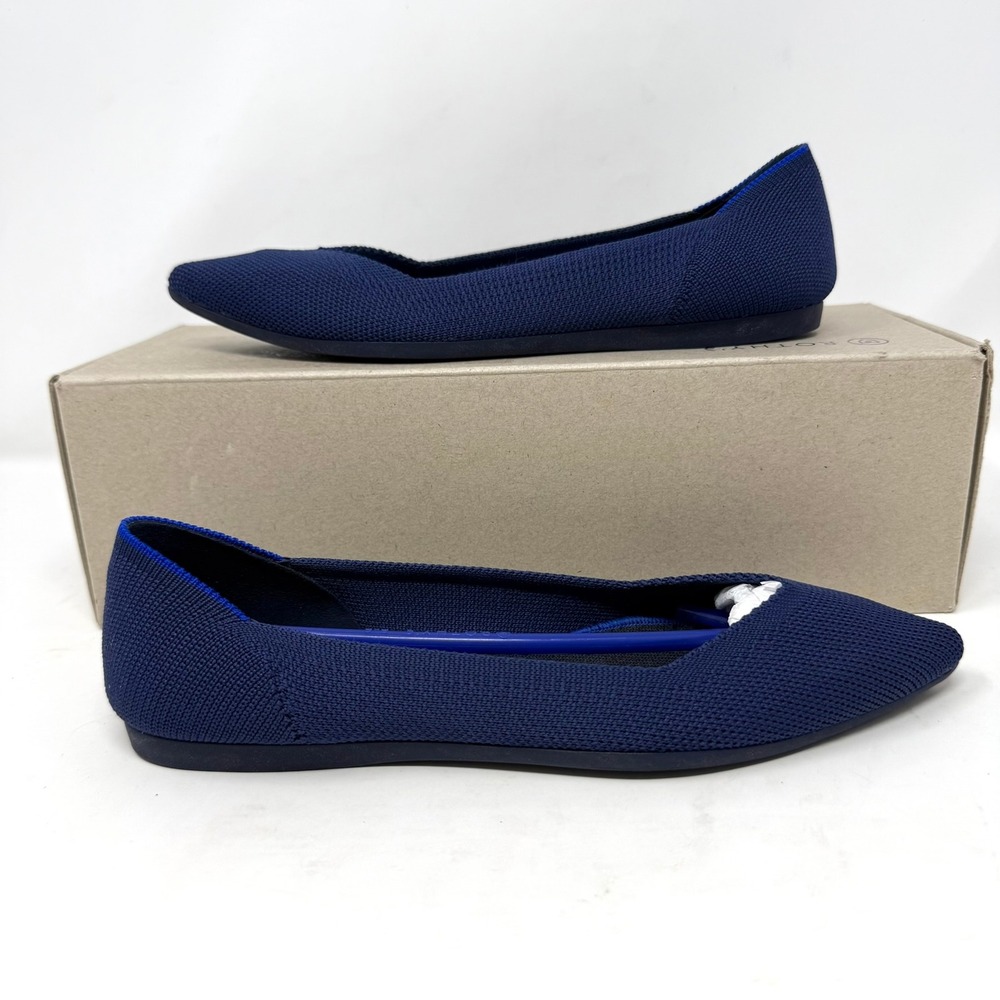 Rothys The Point Cobalt Solid Navy Blue Knit Pointed Toe Flats 002-127‎ Womens 6